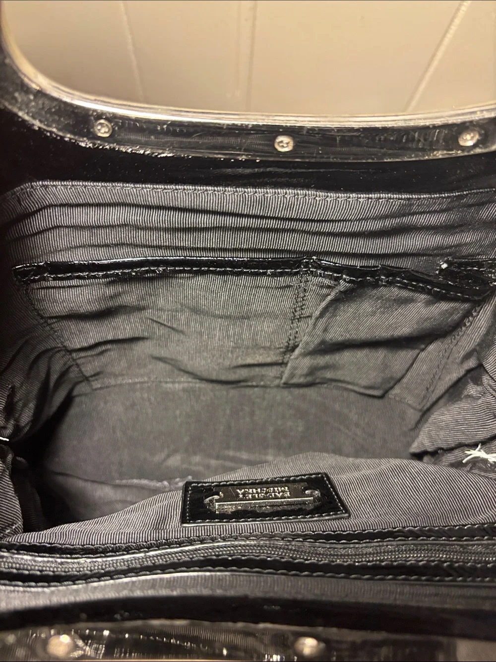 Badgley Mischka Black Crinkled Patent Leather 2Way Foldover Clutch Tote w/ Strap